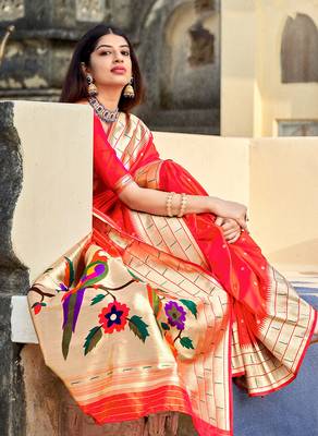 scarlet red woven banarasi silk saree with blouse 2