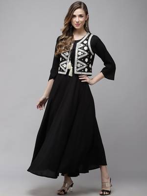 Black embroidered viscose rayon maxi-dresses 1