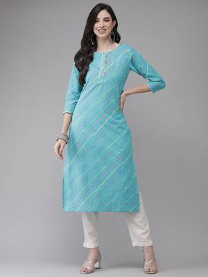 Turquoise printed cotton kurtas-and-kurtis 1