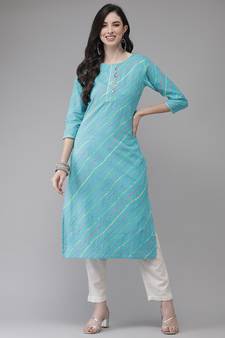 Turquoise printed cotton kurtas-and-kurtis
