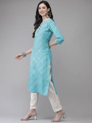 Turquoise printed cotton kurtas-and-kurtis 2