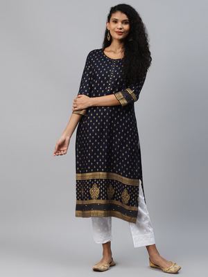 Navy-blue printed rayon kurtas-and-kurtis 1