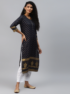 Navy-blue printed rayon kurtas-and-kurtis 2
