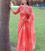 Yellow woven banarasi silk saree with blouse