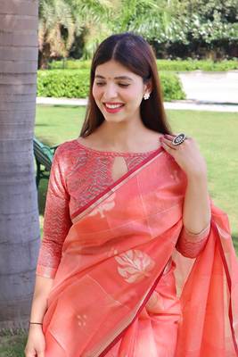 Yellow woven banarasi silk saree with blouse 2