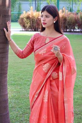 Yellow woven banarasi silk saree with blouse 3