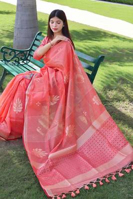 Yellow woven banarasi silk saree with blouse 4