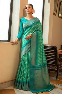 Green woven tussar silk saree with blouse 1