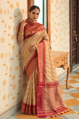 Peach woven tussar silk saree with blouse 1