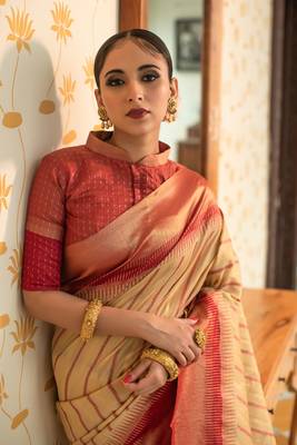 Peach woven tussar silk saree with blouse 2