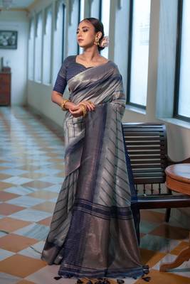 Sea green woven tussar silk saree with blouse 1