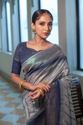 Sea green woven tussar silk saree with blouse 2