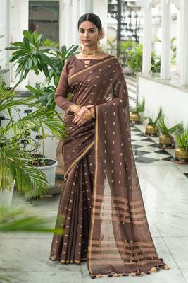Yellow woven tussar silk saree with blouse 1