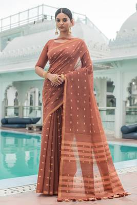 Cream woven tussar silk saree with blouse 1