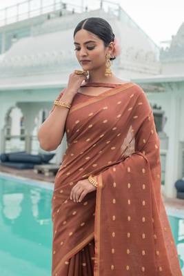 Cream woven tussar silk saree with blouse 2