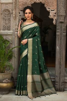 Olive woven linen saree with blouse 1