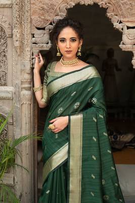 Olive woven linen saree with blouse 2