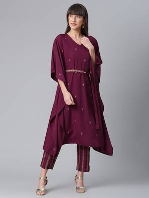 Ahalyaa Women Burgundy & Golden Printed Kurta with Trousers 1