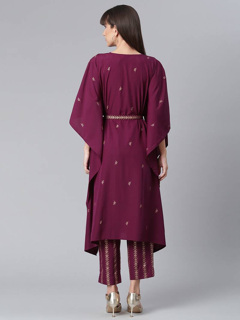 Ahalyaa Women Burgundy & Golden Printed Kurta with Trousers