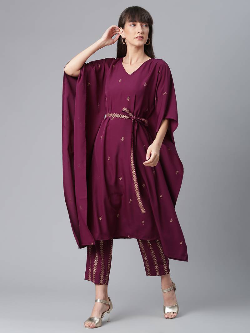 Ahalyaa Women Burgundy & Golden Printed Kurta with Trousers