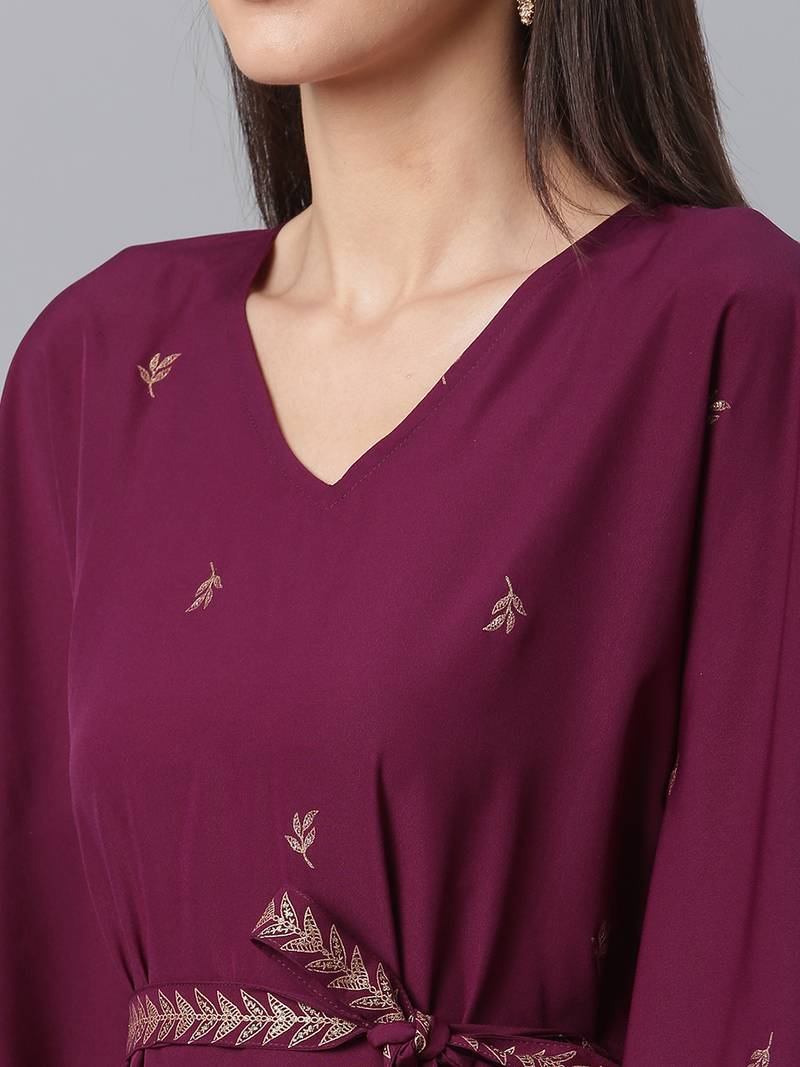 Ahalyaa Women Burgundy & Golden Printed Kurta with Trousers