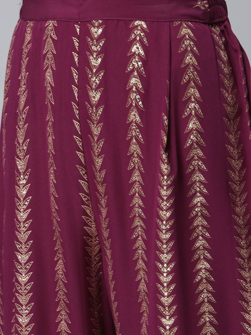 Ahalyaa Women Burgundy & Golden Printed Kurta with Trousers