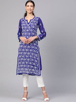 Ada Hand Embroidered Royal Blue Faux Georgette Lucknow Chikankari Kurta With Slip - A113829 1