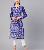 Ada Hand Embroidered Royal Blue Faux Georgette Lucknow Chikankari Kurta With Slip - A113829