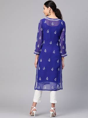 Ada Hand Embroidered Royal Blue Faux Georgette Lucknow Chikankari Kurta With Slip - A113829 2