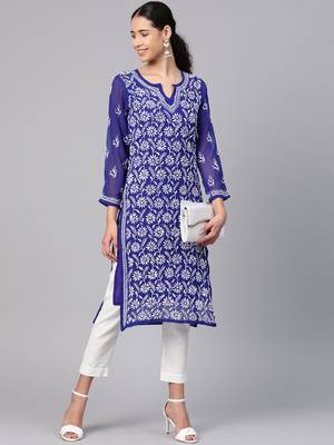 Ada Hand Embroidered Royal Blue Faux Georgette Lucknow Chikankari Kurta With Slip - A113829 3