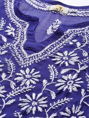 Ada Hand Embroidered Royal Blue Faux Georgette Lucknow Chikankari Kurta With Slip - A113829 4