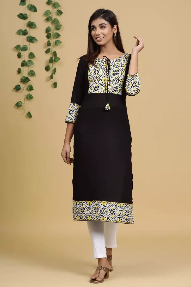 Black printed rayon kurtas-and-kurtis