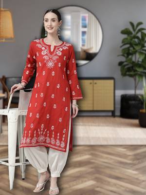 Handmade Red Cotton Lucknowi Chikankari Indian Women Kurta 1