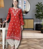 Handmade Red Cotton Lucknowi Chikankari Indian Women Kurta