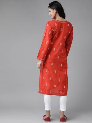 Handmade Red Cotton Lucknowi Chikankari Indian Women Kurta 2