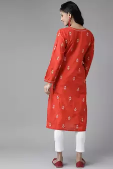 Handmade Red Cotton Lucknowi Chikankari Indian Women Kurta