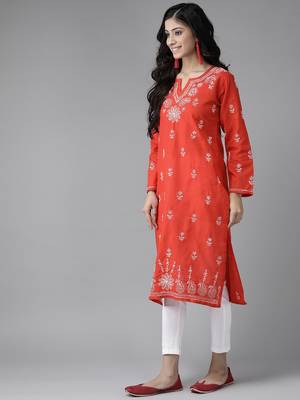 Handmade Red Cotton Lucknowi Chikankari Indian Women Kurta 3