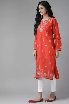 Handmade Red Cotton Lucknowi Chikankari Indian Women Kurta