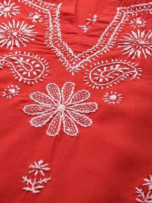 Handmade Red Cotton Lucknowi Chikankari Indian Women Kurta 4