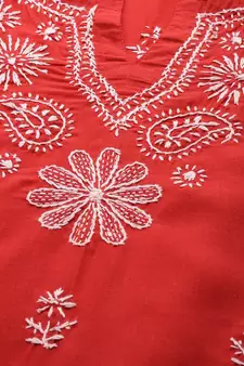 Handmade Red Cotton Lucknowi Chikankari Indian Women Kurta