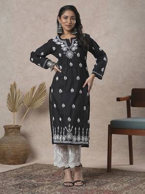 Hand Crafted Black Cotton Lucknowi Chikankari Indian Women Kurta 1
