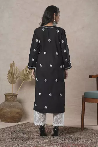 Hand Crafted Black Cotton Lucknowi Chikankari Indian Women Kurta