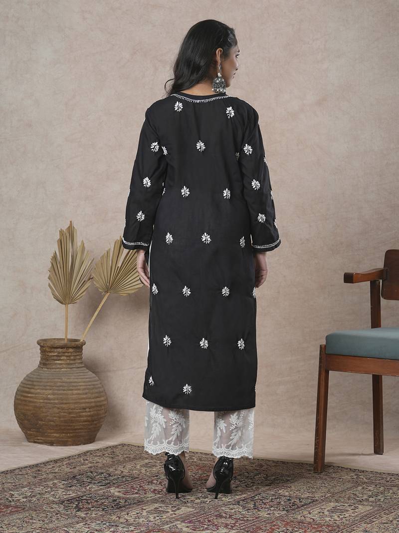 Hand Crafted Black Cotton Lucknowi Chikankari Indian Women Kurta