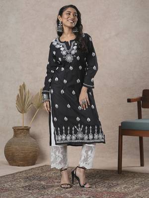 Hand Crafted Black Cotton Lucknowi Chikankari Indian Women Kurta 4