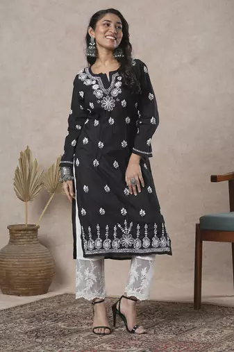 Hand Crafted Black Cotton Lucknowi Chikankari Indian Women Kurta