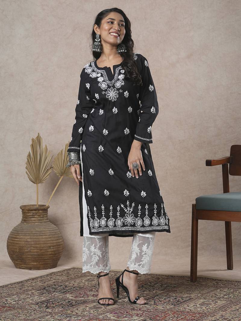 Hand Crafted Black Cotton Lucknowi Chikankari Indian Women Kurta