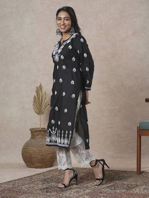 Hand Crafted Black Cotton Lucknowi Chikankari Indian Women Kurta 5