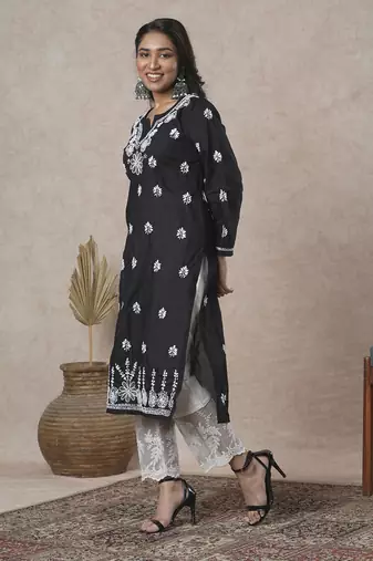 Hand Crafted Black Cotton Lucknowi Chikankari Indian Women Kurta