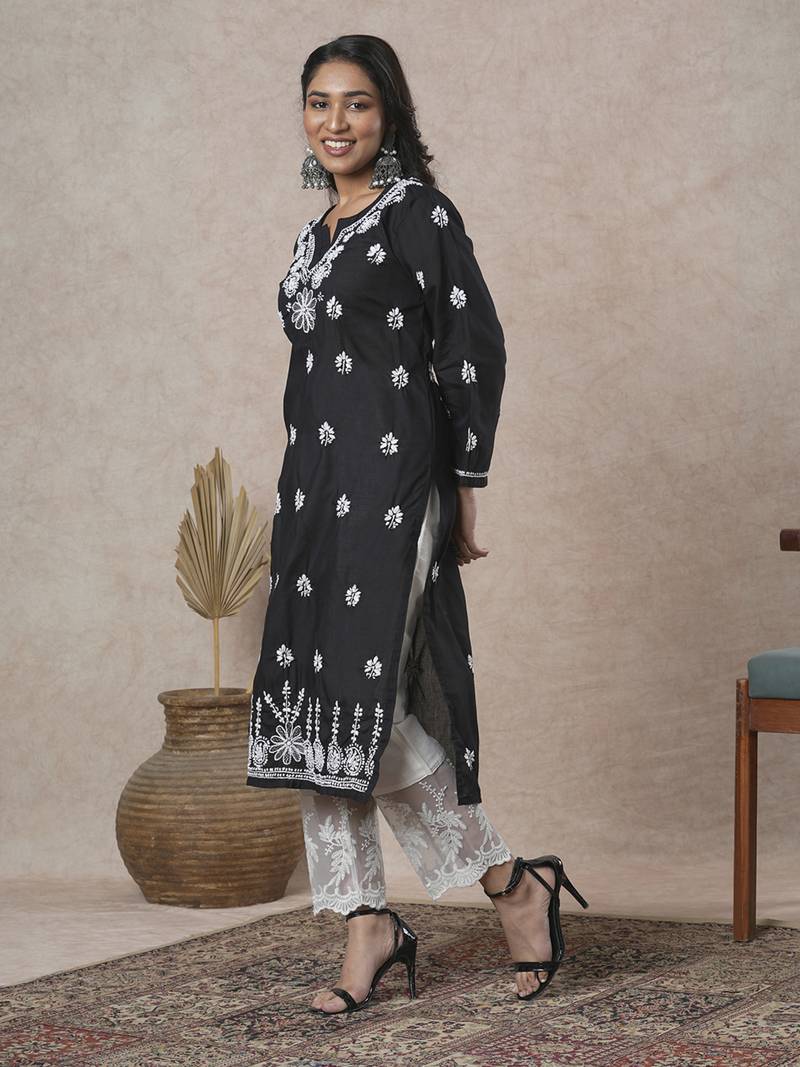 Hand Crafted Black Cotton Lucknowi Chikankari Indian Women Kurta
