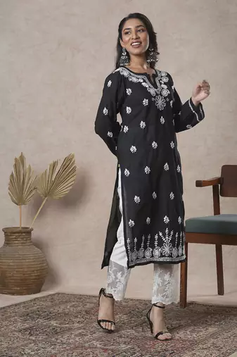 Hand Crafted Black Cotton Lucknowi Chikankari Indian Women Kurta